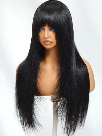 Sunber 7x5 Pre Cut Yaki Straight Natural Black Human Hair Glueless Lace Wig With Bangs