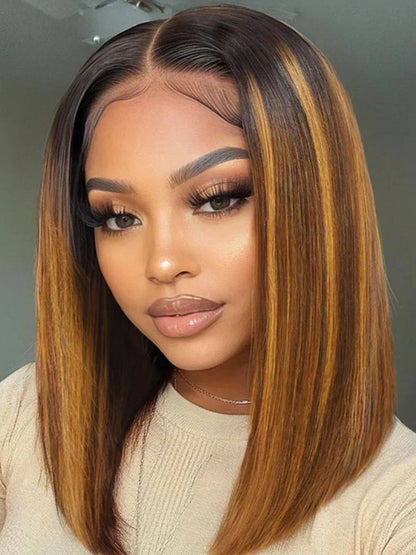 Sunber Caramel Highlights On Blonde 7x5/13x4 Pre Cut Lace Straight Bob Hair Wig With Dark Roots Flash Sale