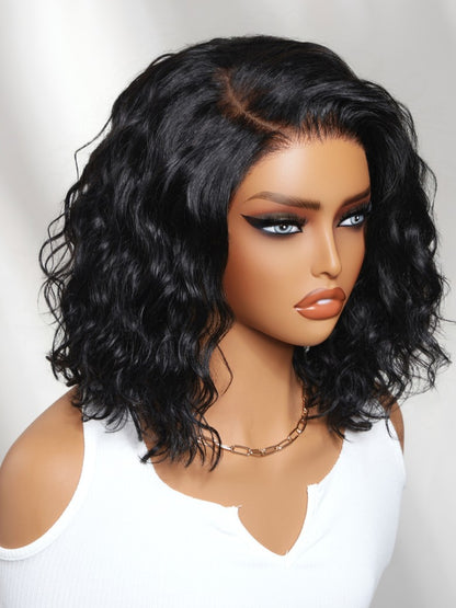 Sunber 220% density 6x4 Glueless Lace "C" Side Part Shoulder-length Water Wave Short Wavy Bob Soft Natural Waves Wig With Invisi Drawstring