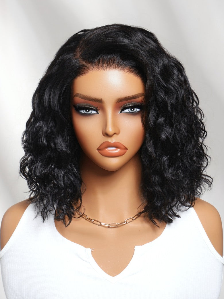 Sunber 220% density 6x4 Glueless Lace "C" Side Part Shoulder-length Water Wave Short Wavy Bob Soft Natural Waves Wig With Invisi Drawstring