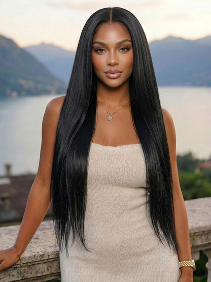 Sunber Yaki Straight 7x5 Glueless Lace Wig With Elastic Drawstring -Pull And Go &amp; Bleach Knots &amp; Pre-cut