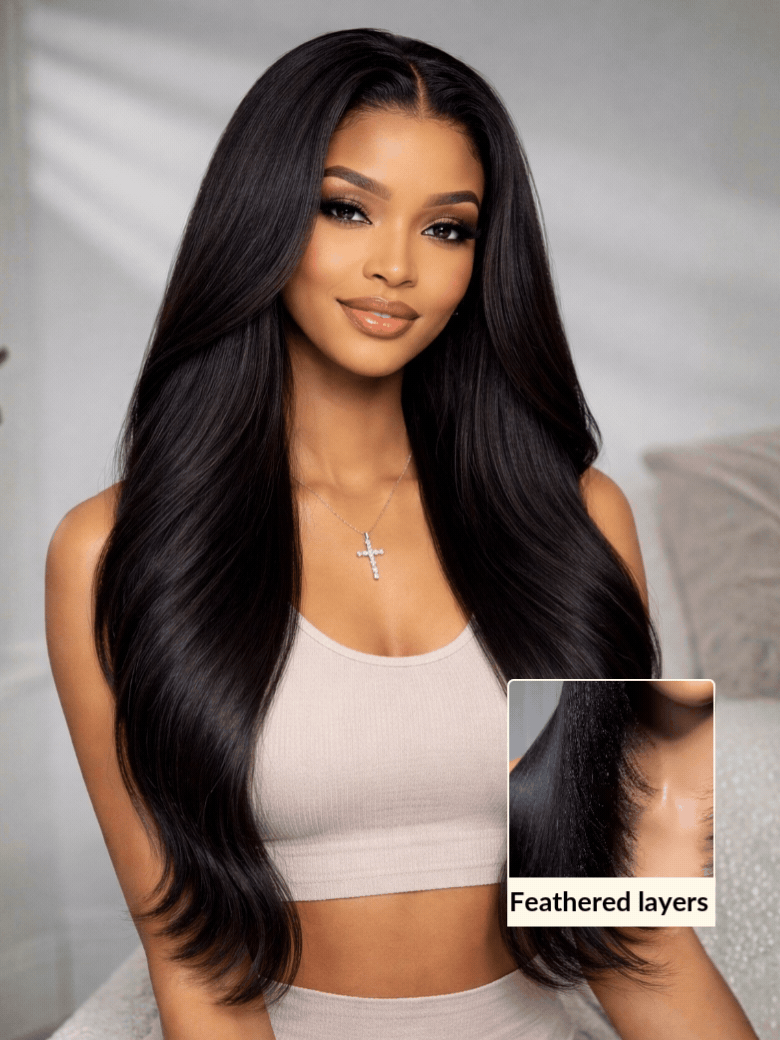 Sunber 200% Density 13x4 Pre Everything Face-framing Feathered Layers Yaki Straight Lace Frontal Wig With Invisi Drawstring