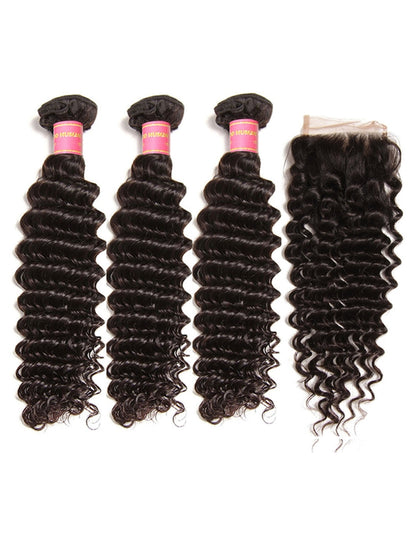 Sunber Hair Brazilian Virgin Deep Wave Hair 3 Bundles With  4"*4" Lace Closure, 100% Human Hair Flash Sale