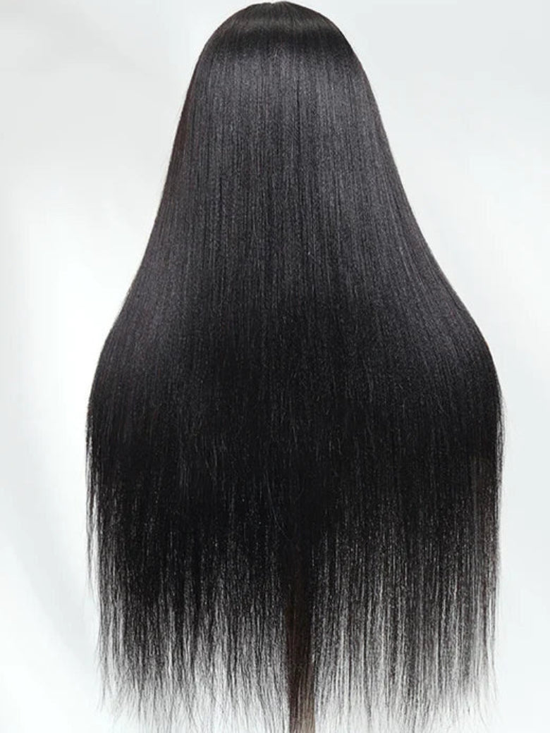 Sunber 7x5 Pre Cut Yaki Straight Natural Black Human Hair Glueless Lace Wig With Bangs
