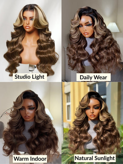 Sunber Honey Chestnut Brown 13x4 Pre Everything Lace Frontal Highlights Wig With Face Framing Curtain Bangs