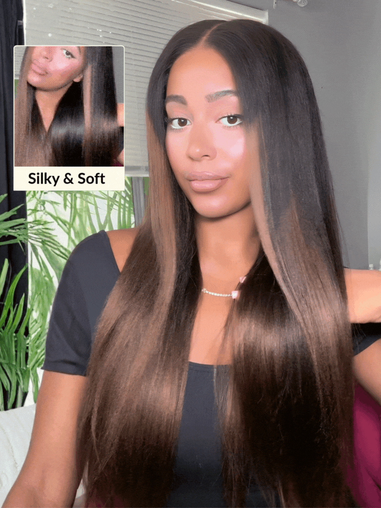 $100 Off| SunberPut On and Go Ombre Chestnut Brown 7x5 Bye-Bye Knots Yaki Straight Short Bob Wig with Invisi Drawstring