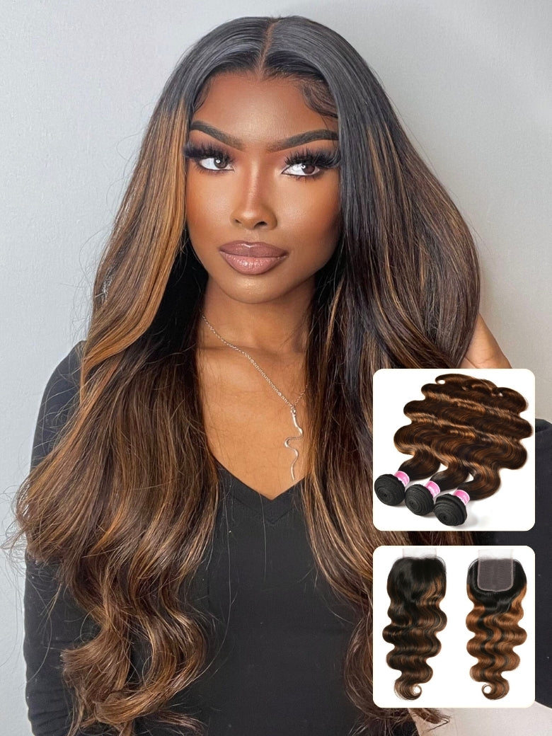 Sunber  Highlight Balayage Color Body Wave 3 Bundles Weaves with 4x4 Lace Closure Virgin Human Hair Flash Sale