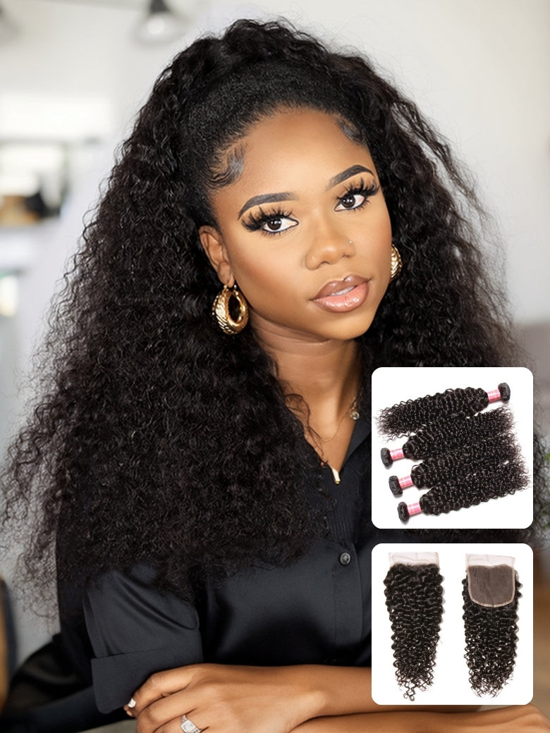 Sunber Hair Malaysian Curly 4 Bundles with 1pcs Lace Closure-100% Human Hair Weave Flash Sale