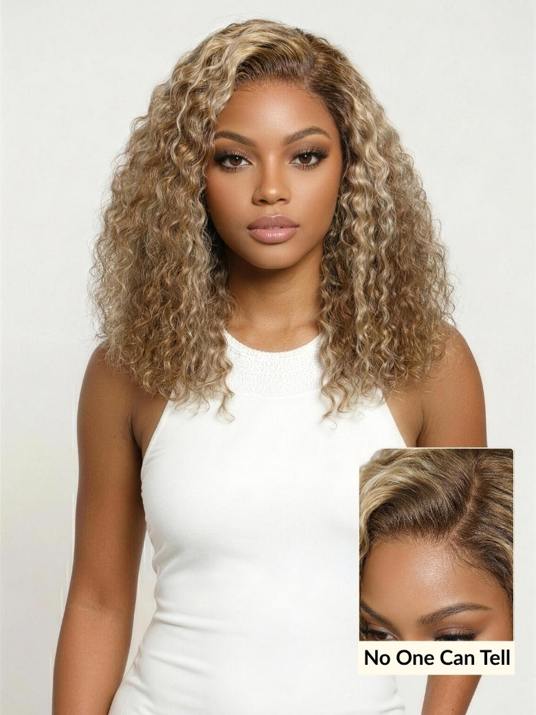 Sunber 180% Density 7x5 Pre Cut Honey Blonde Highlights Shoulder-length Bob Curly Lace Part Wig With Invisi Drawstring