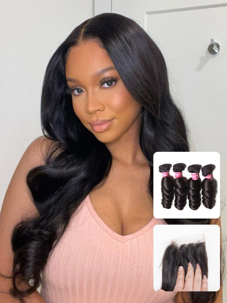 Sunber Hair Peruvian Hair Loose Wave Hair Weaves 4 Bundles with Lace Closure, 100% Human Hair Flash Sale