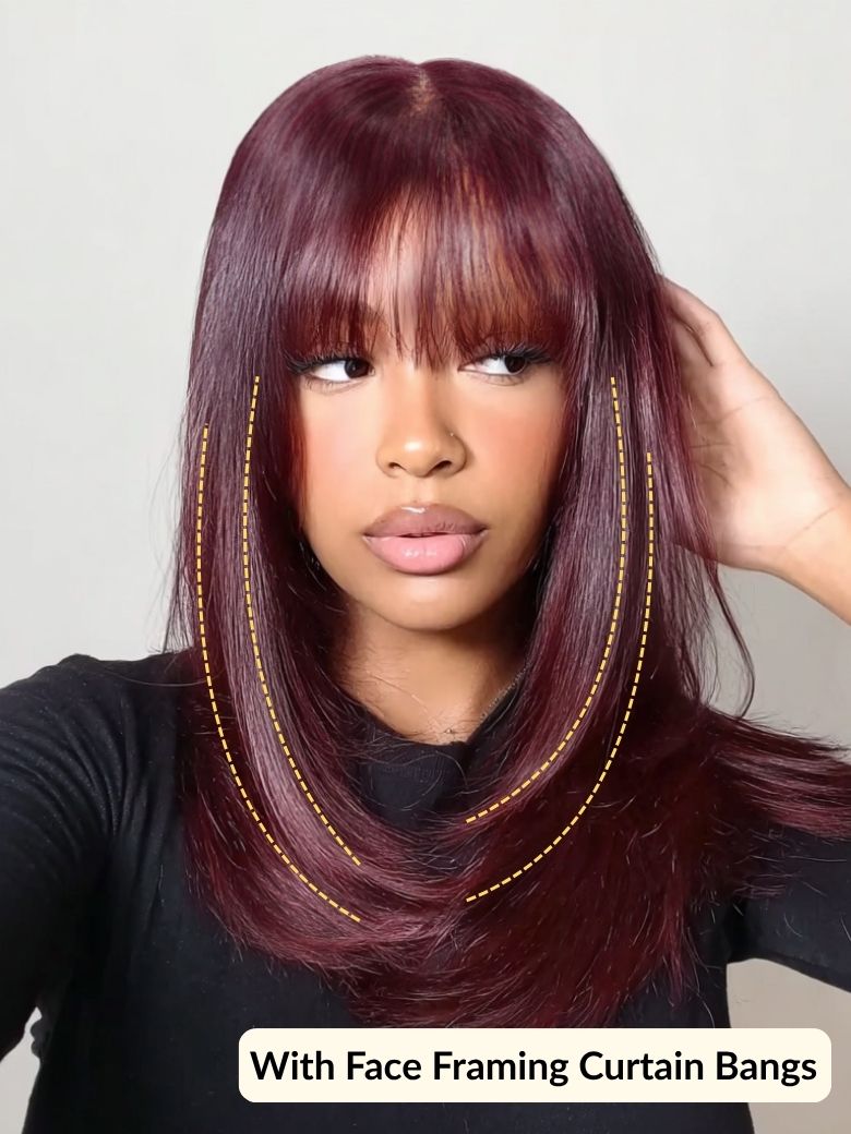 Sunber Purple Black Cherry Wispy Blow Out 7x5 Pre Cut Lace Loose Wave Bob Wig With Invisi Drawstring