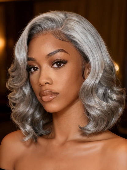 Sunber Salt and Pepper Layered Bob Minimalist Lace 6.5*5*1.5 Side Part Grey Wig