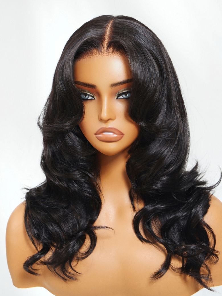 Sunber 180% Density 7x5 Pre Cut Lace Natural Black Body Curl Face-Framing Soft Layers Wig With Invisi Drawstring