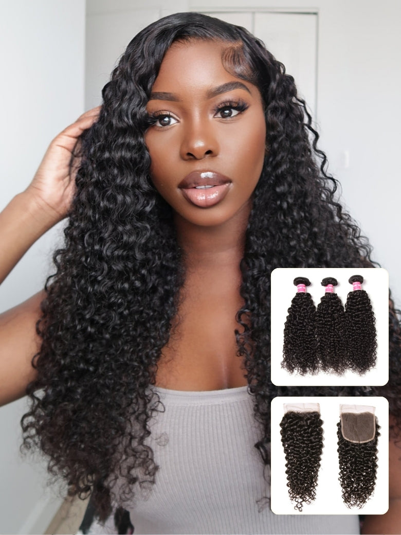 Sunber Hair Brazilian Virgin Jerry Curly Hair 3 Bundles with 4*4 Lace Closure 100% Human Hair Flash Sale