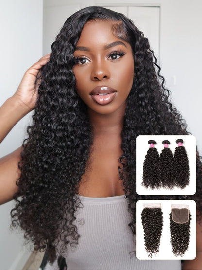 Sunber Hair Brazilian Virgin Jerry Curly Hair 3 Bundles with 4*4 Lace Closure 100% Human Hair Flash Sale