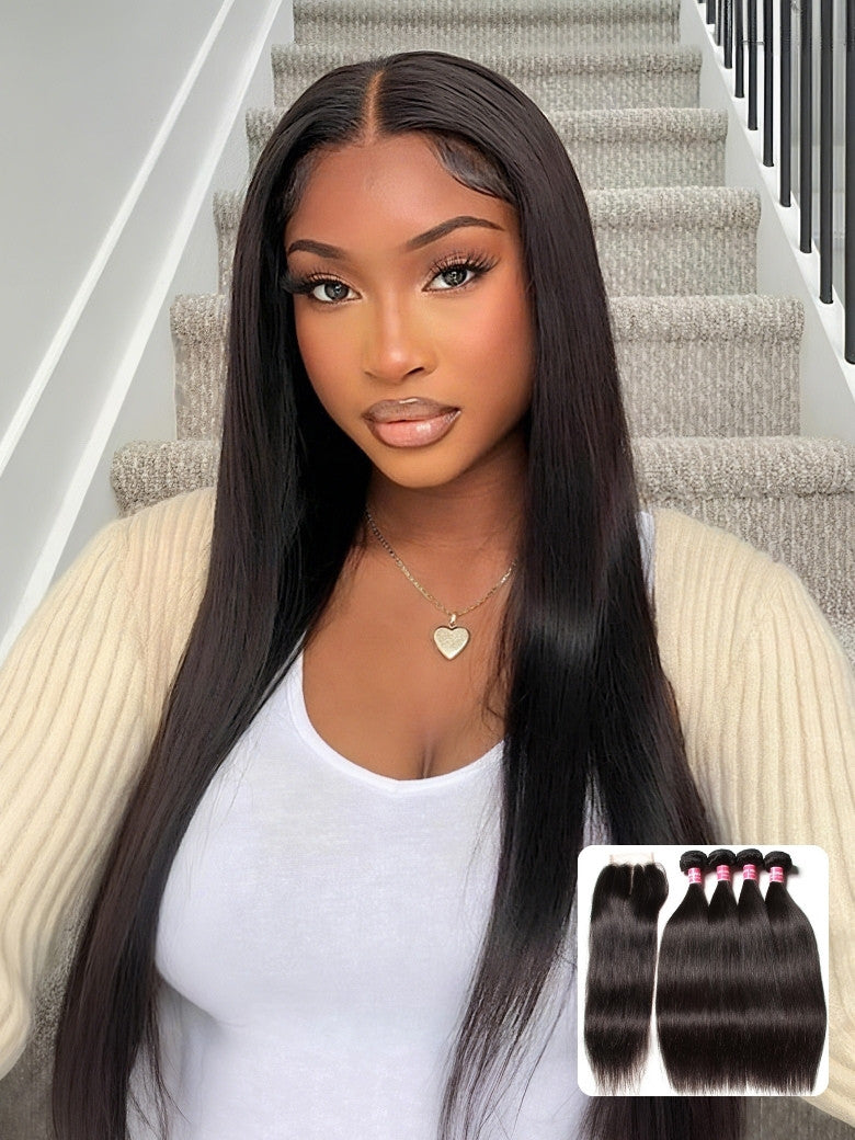 Sunber Virgin Peruvian Hair Straight Hair 4 Bundles With 4*4 Lace Closure, Hotsale Peruvian Hair Weaves Flash Sale