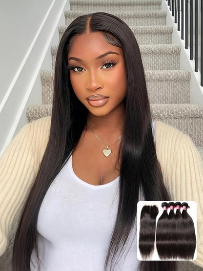 Sunber Virgin Peruvian Hair Straight Hair 4 Bundles With 4*4 Lace Closure, Hotsale Peruvian Hair Weaves Flash Sale