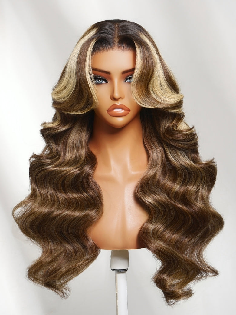 Sunber Honey Chestnut Brown 13x4 Pre Everything Lace Frontal Highlights Wig With Face Framing Curtain Bangs