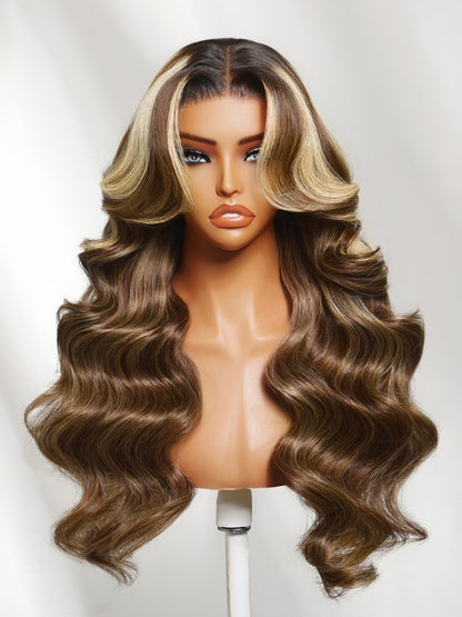 Sunber Honey Chestnut Brown 13x4 Pre Everything Lace Frontal Highlights Wig With Face Framing Curtain Bangs