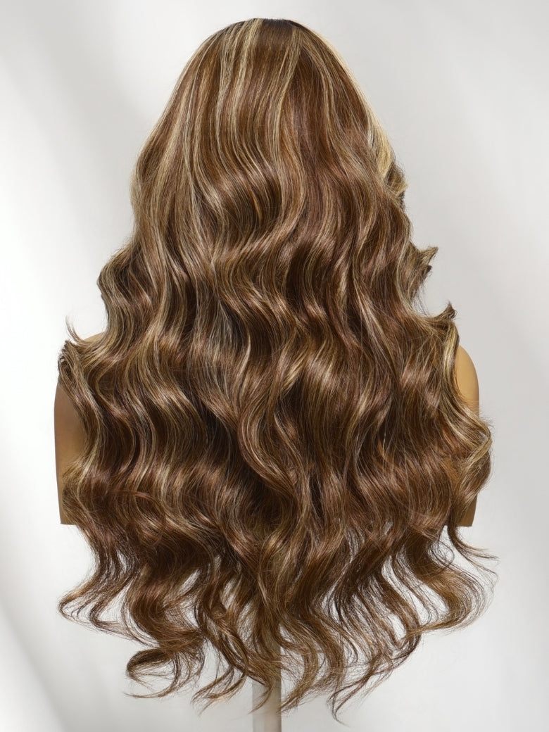 Sunber Honey Chestnut Brown 13x4 Pre Everything Lace Frontal Highlights Wig With Face Framing Curtain Bangs