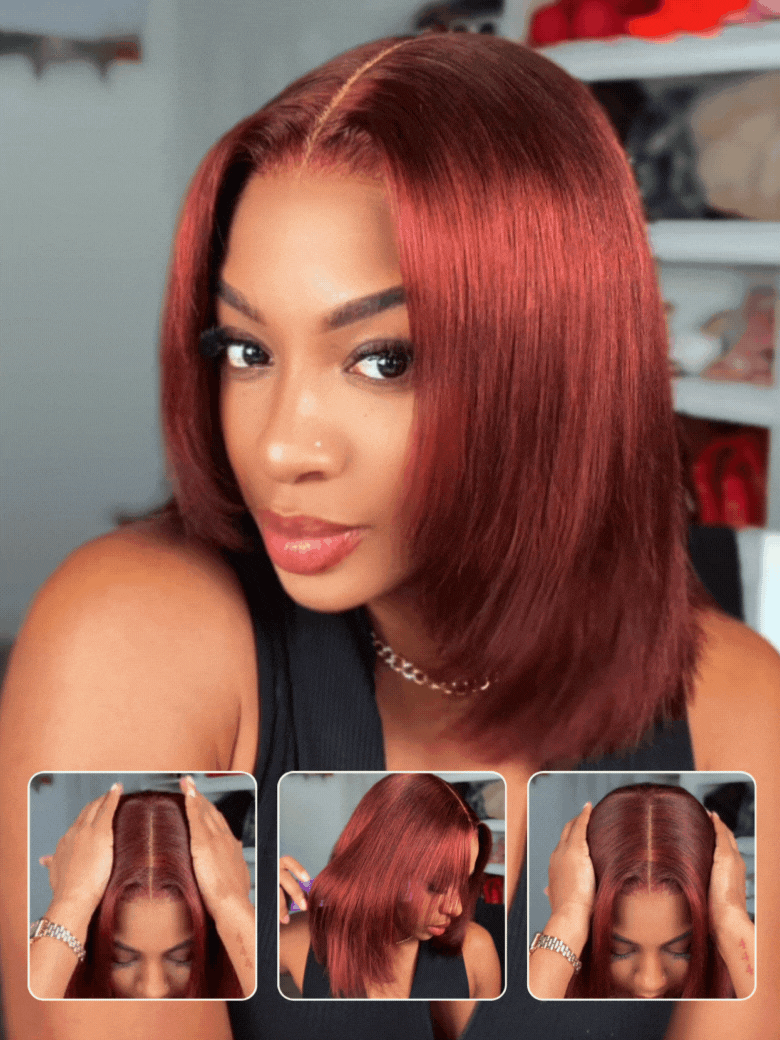 Sunber 7x5 Pre Cut Lace Reddish Brown Yaki Straight Bob/Jerry Curly Bye Bye Knots Gluelesss Invisible Knots Wig With Invisi Drawstring Flash Sale