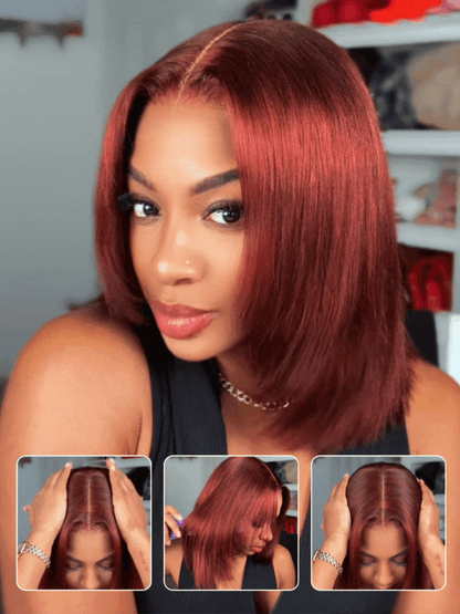 Sunber 7x5 Pre Cut Lace Reddish Brown Yaki Straight Bob/Jerry Curly Bye Bye Knots Gluelesss Invisible Knots Wig With Invisi Drawstring Flash Sale
