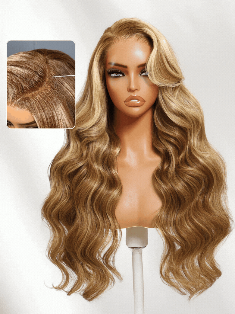 Sunber 7x5 Pre-Cut Body Wave Bye Bye Knots Honey Blonde Glueless Highlights Lace Human Hair Wig