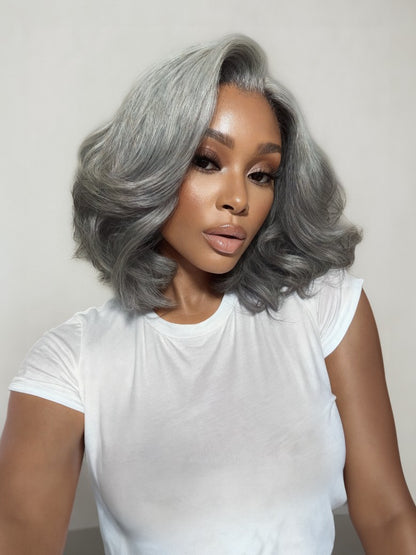 Sunber Salt and Pepper Layered Bob Minimalist Lace 6.5*5*1.5 Side Part Grey Wig