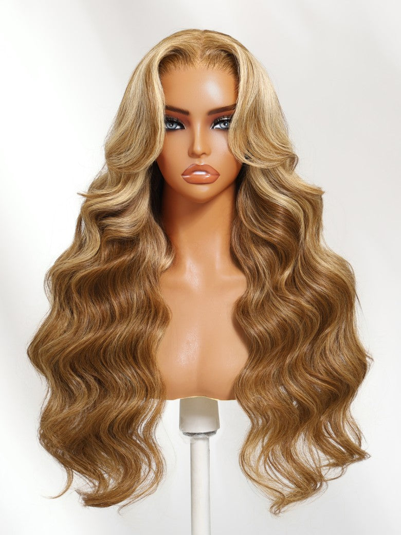 Sunber 7x5 Pre-Cut Body Wave Bye Bye Knots Honey Blonde Glueless Highlights Lace Human Hair Wig