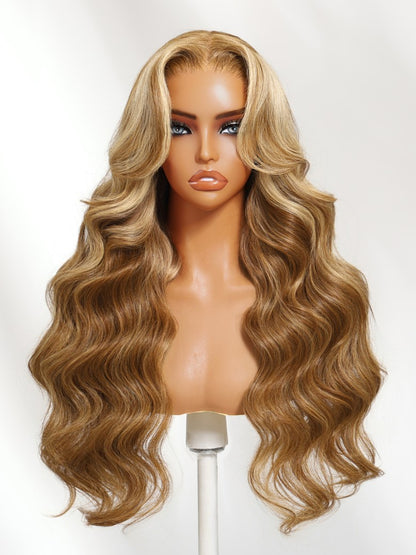 Sunber 7x5 Pre-Cut Body Wave Bye Bye Knots Honey Blonde Glueless Highlights Lace Human Hair Wig