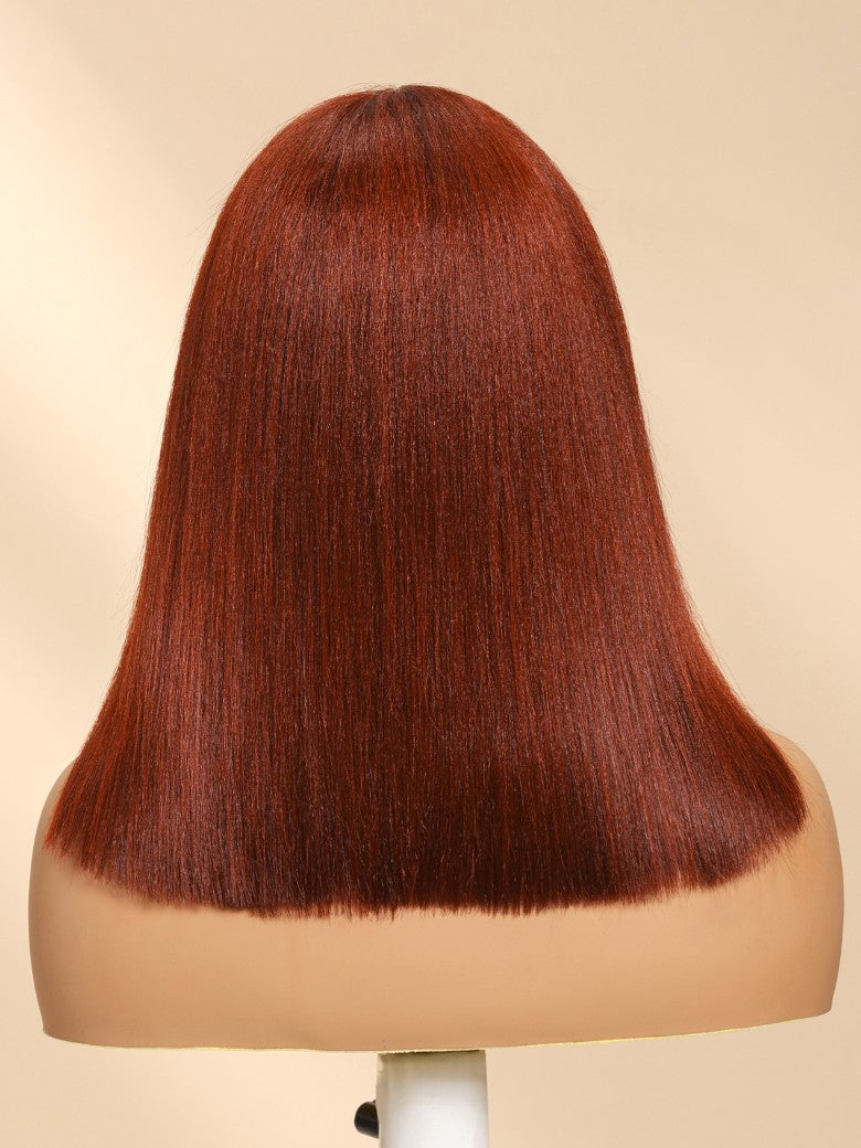 Sunber 7x5 Pre Cut Lace Reddish Brown Yaki Straight Bob/Jerry Curly Bye Bye Knots Gluelesss Invisible Knots Wig With Invisi Drawstring Flash Sale