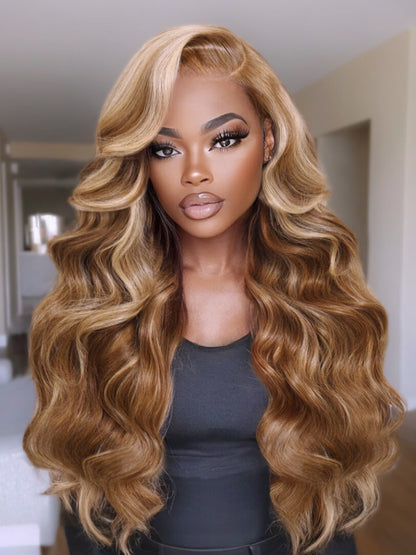 Sunber 7x5 Pre-Cut Body Wave Bye Bye Knots Honey Blonde Glueless Highlights Lace Human Hair Wig