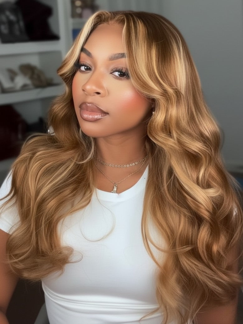 Sunber 7x5 Pre-Cut Body Wave Bye Bye Knots Honey Blonde Glueless Highlights Lace Human Hair Wig