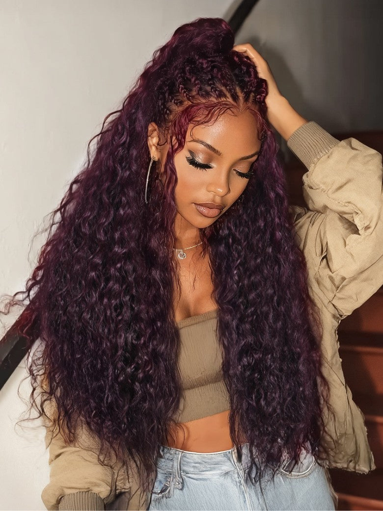 Sunber Water Wave 13x4 Pre Everything Lace Frontal Black Cherry Dark Burgundy Wig With Invisi Drawstring