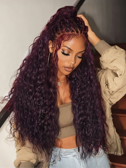 Sunber Water Wave 13x4 Pre Everything Lace Frontal Black Cherry Dark Burgundy Wig With Invisi Drawstring