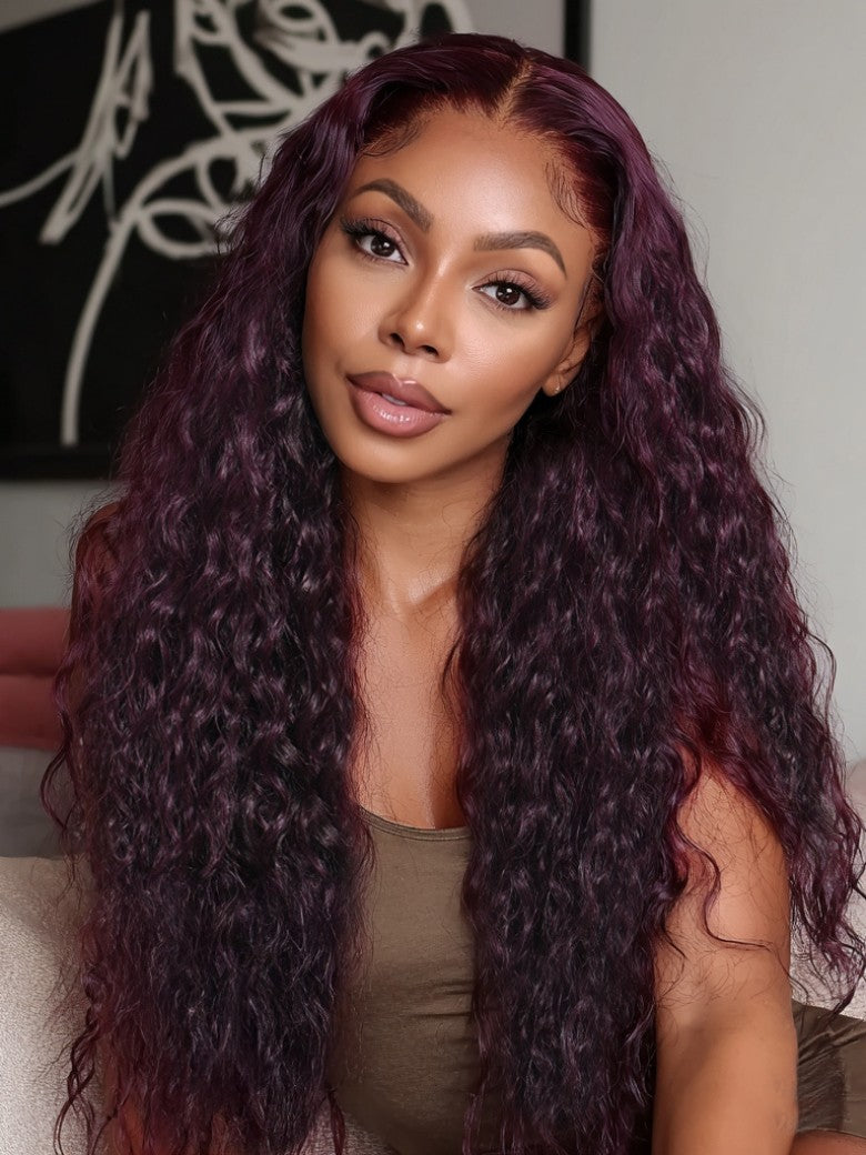 Sunber Water Wave 13x4 Pre Everything Lace Frontal Black Cherry Dark Burgundy Wig With Invisi Drawstring