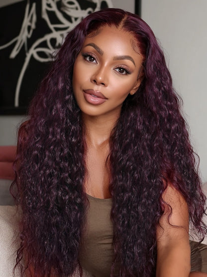 Sunber Water Wave 13x4 Pre Everything Lace Frontal Black Cherry Dark Burgundy Wig With Invisi Drawstring