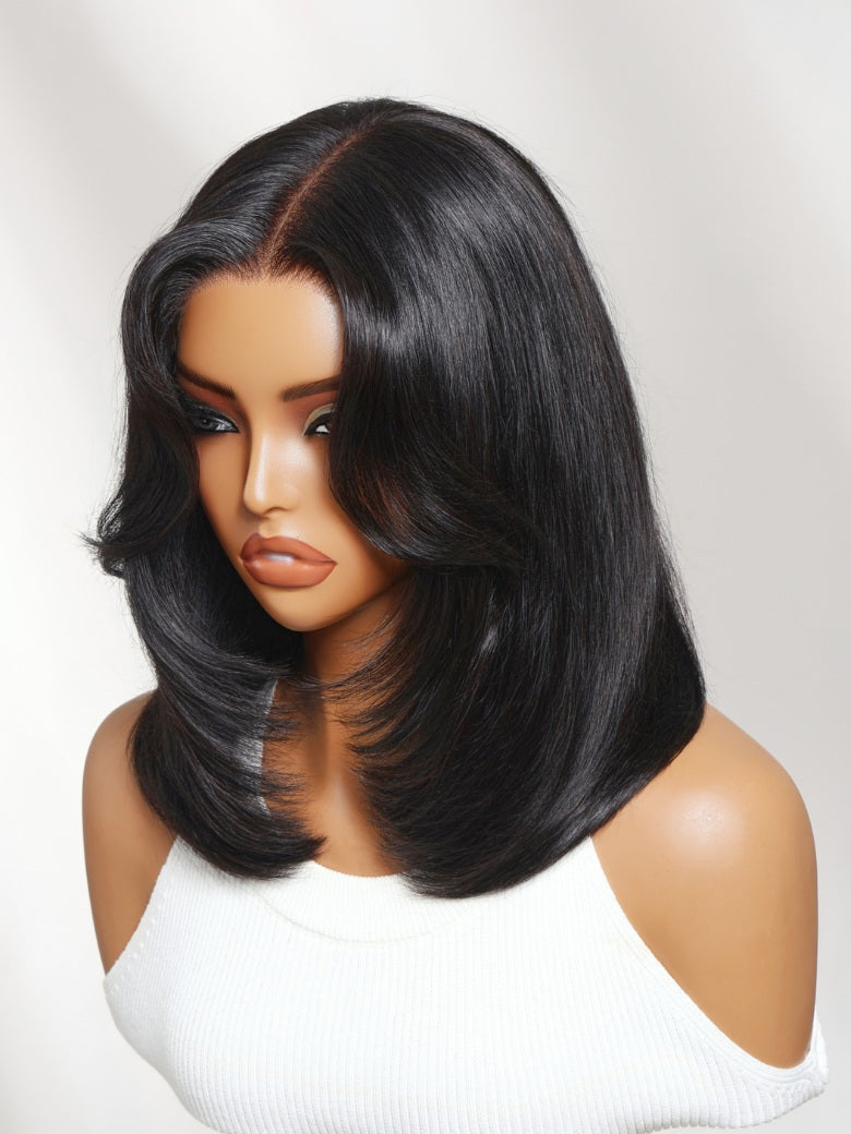 Sunber 7x5 Pre Cut Blowout Bob Shoulder Length Straight Lace Wig With Face-framing feathered layers