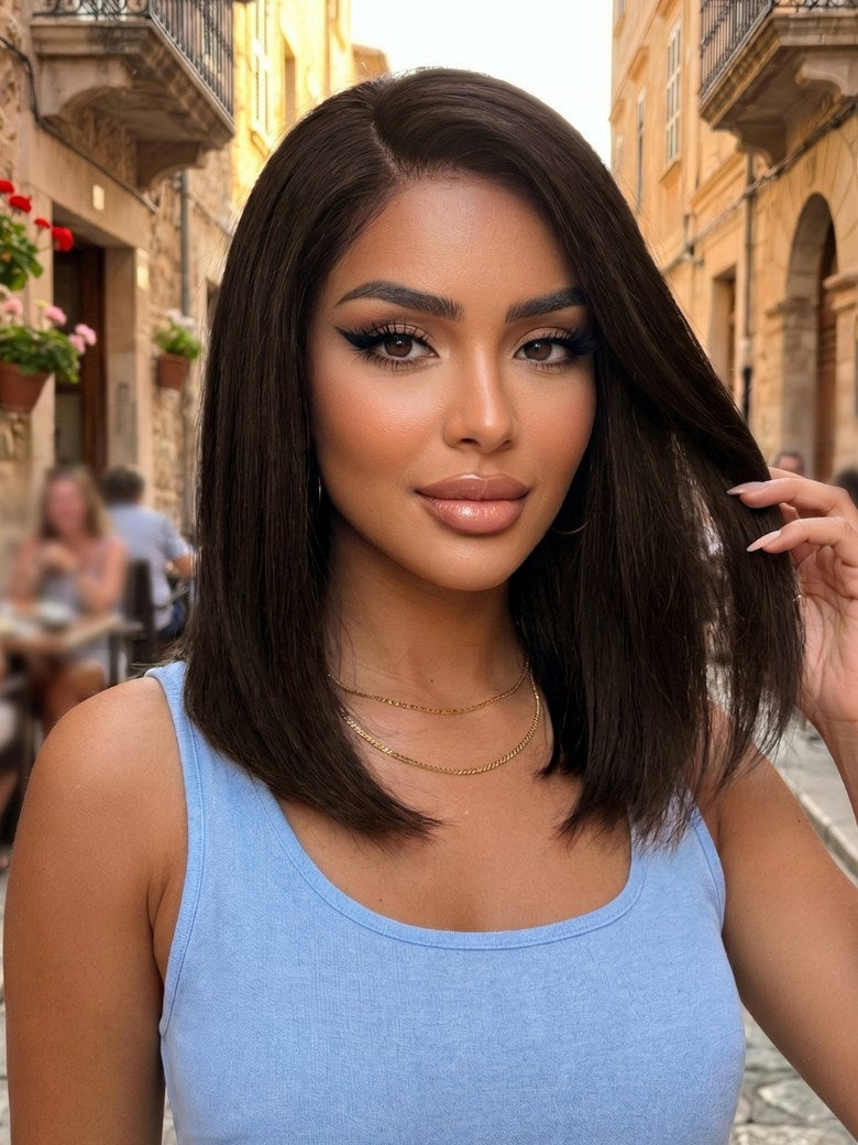 Sunber 7x5 Pre Cut Side Part Yaki Straight Bob Rich Espresso Brown Shoulder-Length Lace Wig with Invisi Drawstring Flash Sale