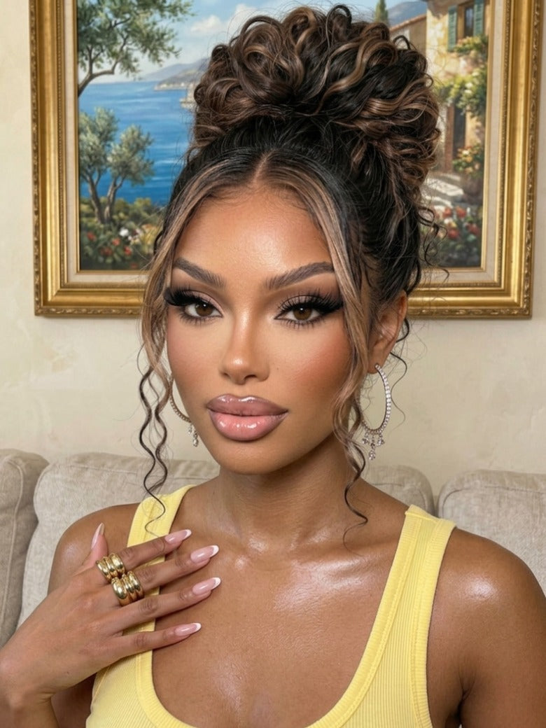 Sunber 7x5 Pre Cut Golden Brown Highlights Water Wave Bye Bye Knots Lace Closure Wig With Pre Bleached Tiny Knots