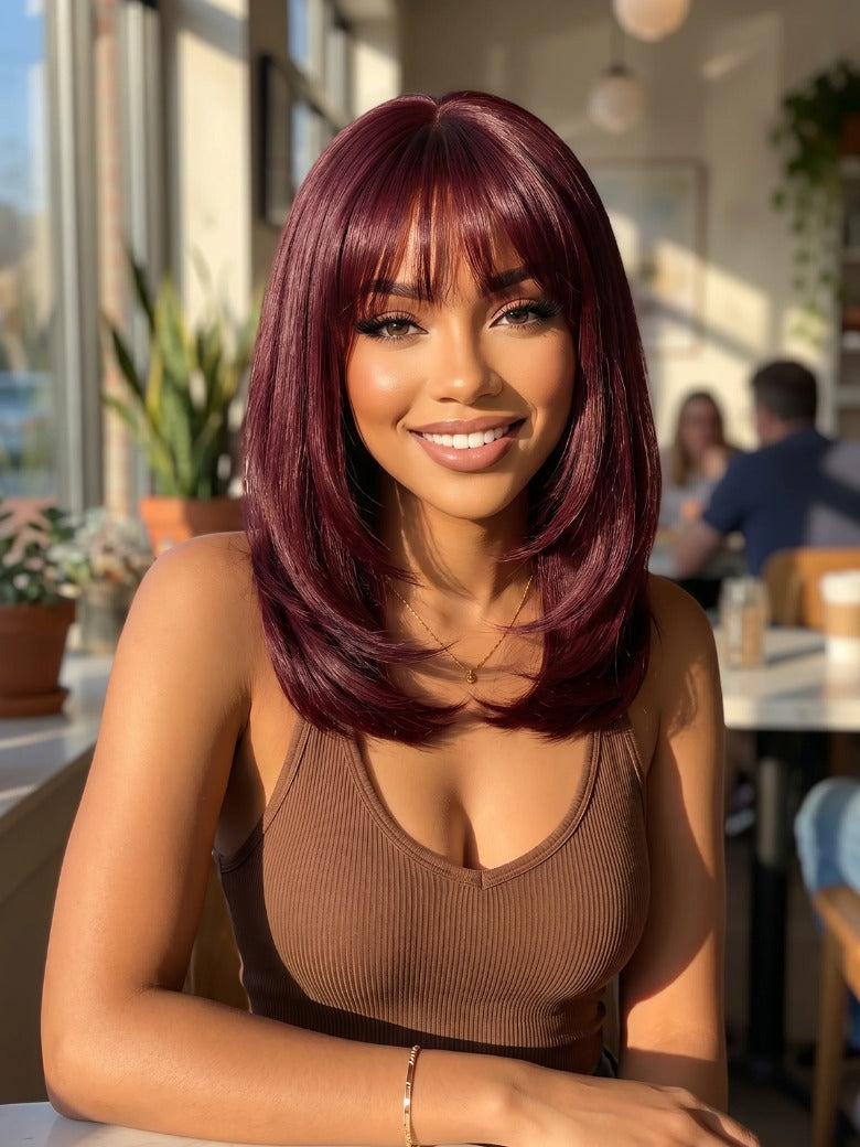 Sunber Purple Black Cherry Wispy Blow Out 7x5 Pre Cut Lace Loose Wave Bob Wig With Invisi Drawstring