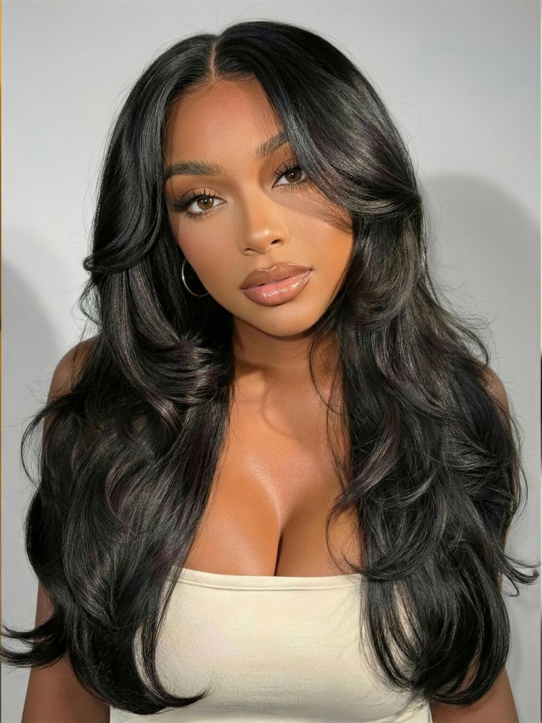 Sunber 180% Density 7x5 Pre Cut Lace Natural Black Body Curl Face-Framing Soft Layers Wig With Invisi Drawstring