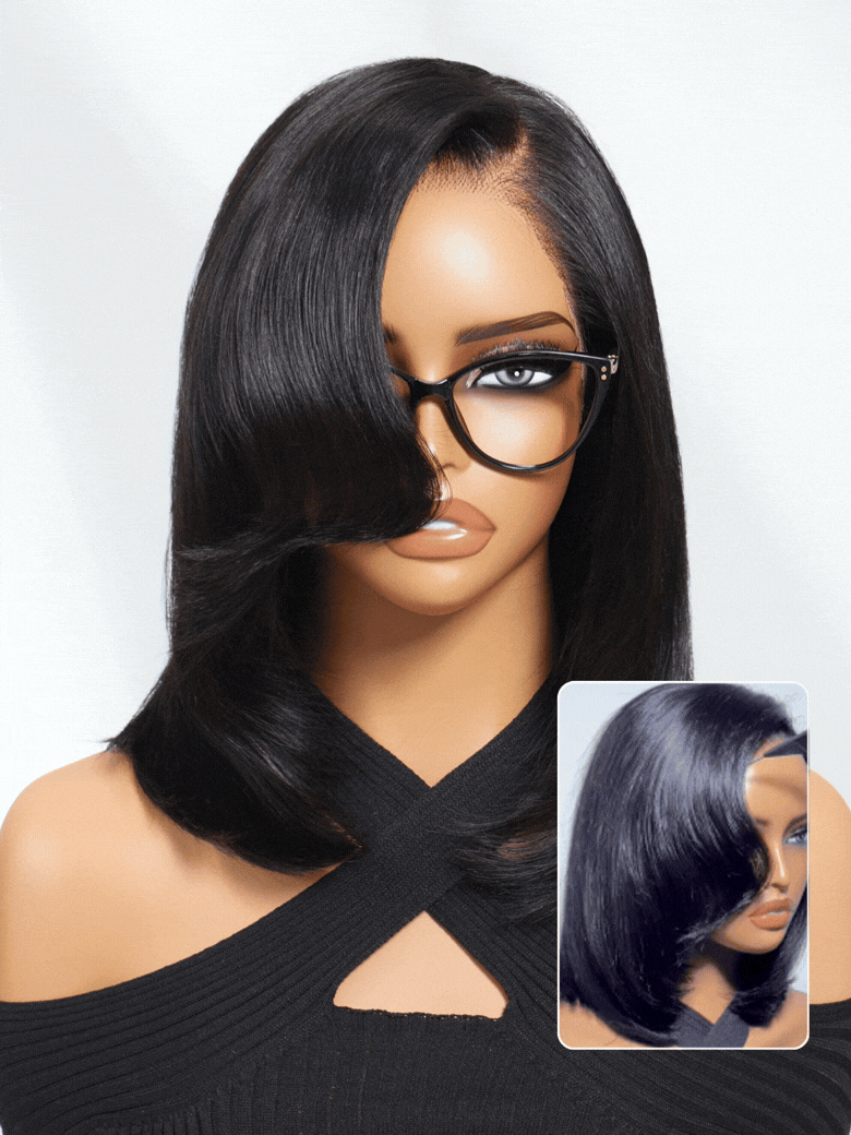Sunber 7x5 Pre Cut Rachel-Inspired Blunt Layered Shoulder-Length Silky Straight Bob Lace Wig With Side Part Bangs Flash Sale
