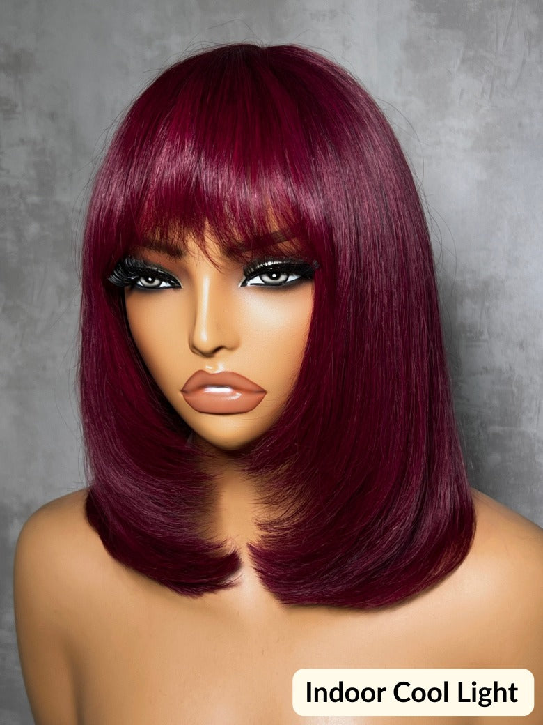 Flash Sale Sunber Layered Blowout 99J Burgundy Sleek Bob Machine Made Wig With Wispy Bangs