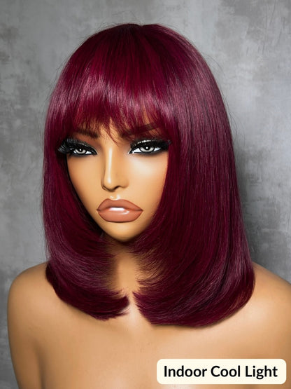 Flash Sale Sunber Layered Blowout 99J Burgundy Sleek Bob Machine Made Wig With Wispy Bangs