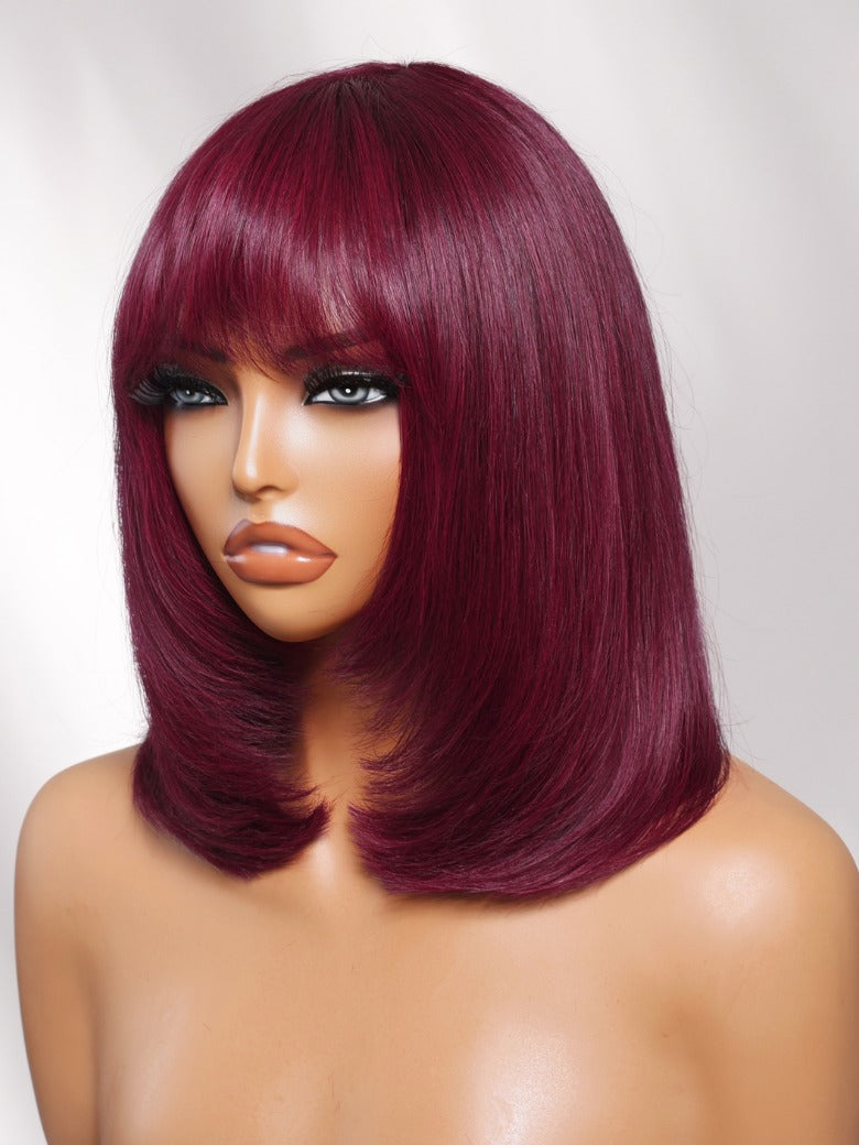 Flash Sale Sunber Layered Blowout 99J Burgundy Sleek Bob Machine Made Wig With Wispy Bangs