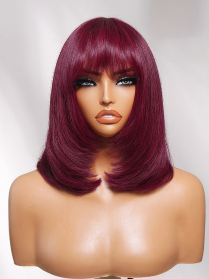 Flash Sale Sunber Layered Blowout 99J Burgundy Sleek Bob Machine Made Wig With Wispy Bangs