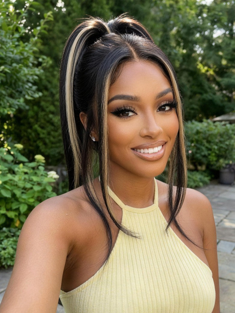 Sunber 7x5 Pre Cut Black Blond Straight Layered Peekaboo Highlights Lace Wigs With Invisi Drawstring