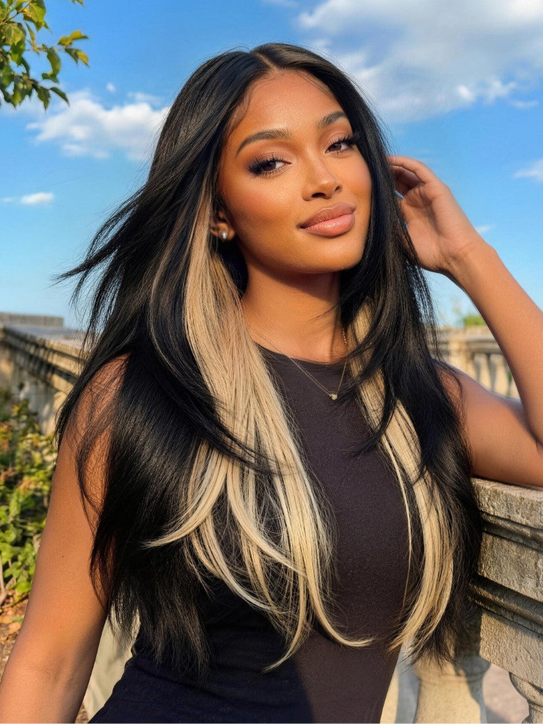 Sunber 7x5 Pre Cut Black Blond Straight Layered Peekaboo Highlights Lace Wigs With Invisi Drawstring