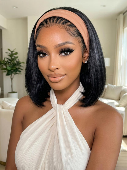 Sunber Blend &amp; Secure Blow-out Natural Black Yaki Straight Bob Half Wig With Invisi Drawstring